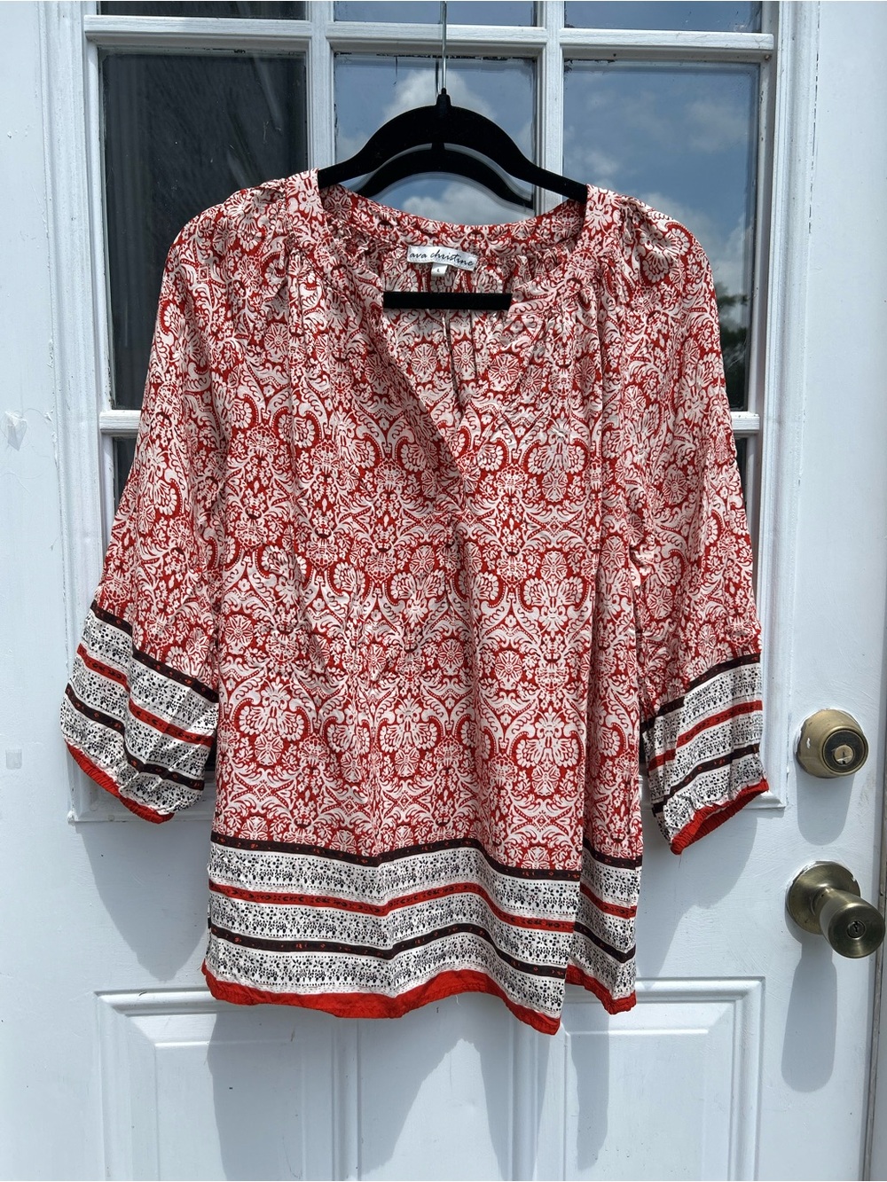 Ava Christine Boho Peasant Blouse L | Red Paisley Print 3/4 Sleeve Top